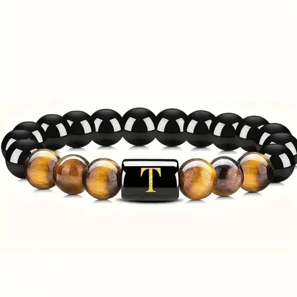 Men's tiger eye Initial Bead Bracelet